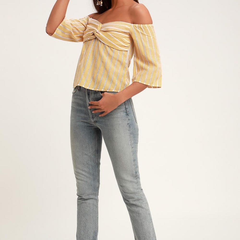 Beyond Belief Yellow Striped Knot Off Shoulder Top